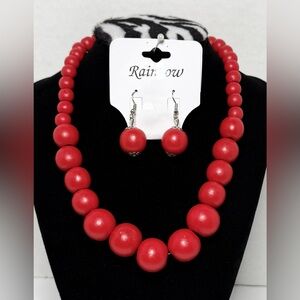 Set of Red Graduating Wood Bead Necklace and Dangle Hook Earring NWT